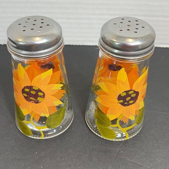 Vintage Glass Sunflower Salt & Pepper Shakers Hand-Painted Design With Metal Lid - Picture 2 of 9